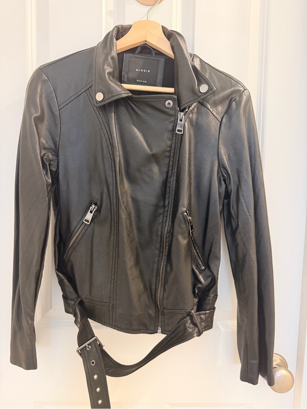 Elodie Black Leather Asymmetric Moto Jacket with Belt